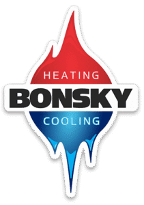 Logo for Bonsky Heating and Cooling, featuring a red flame above and a blue droplet below, with "Bonsky" in bold letters across the center.