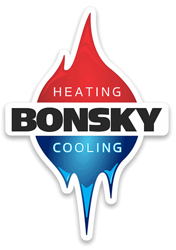 Logo with a flame-shaped design; top half red labeled “Heating,” bottom half blue labeled “Cooling,” with “BONSKY” in bold black letters across the center.