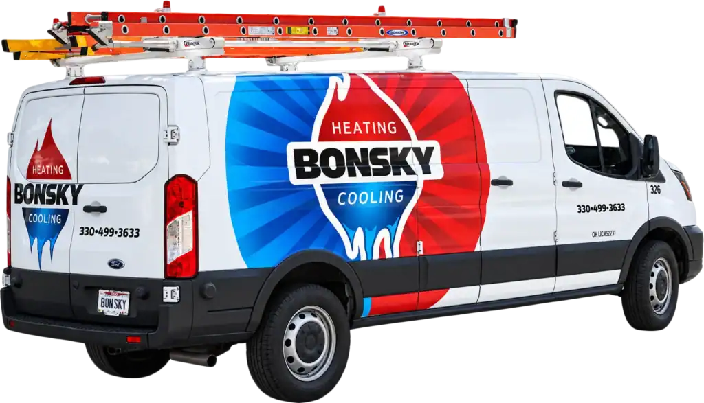 White van with “BONSKY Heating Cooling” graphics, phone number, and ladder on roof. Red and blue design covers side with company branding and contact details.