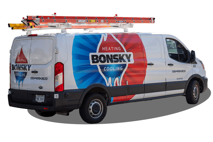 White van with BONSKY Heating & Cooling branding and a ladder mounted on the roof, parked on a light background.