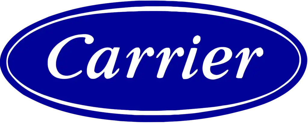 Blue oval logo with the word “Carrier” in white, italicized letters, outlined by a thin white border and a thicker blue border.