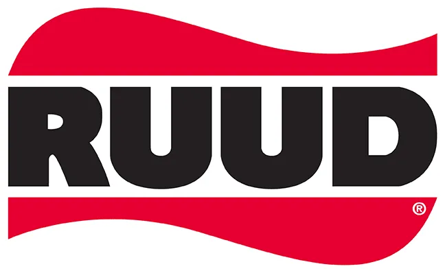 RUUD logo with bold black letters on a white background, overlaid by a red wavy banner.