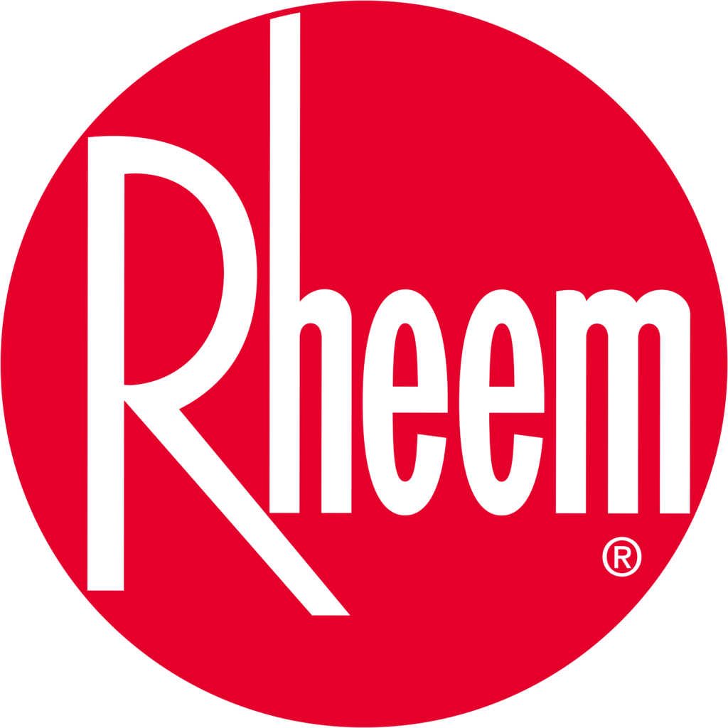 Rheem logo featuring the word “Rheem” in white stylized letters inside a solid red circle.