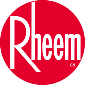 Rheem logo featuring the word “Rheem” in white stylized letters inside a solid red circle.