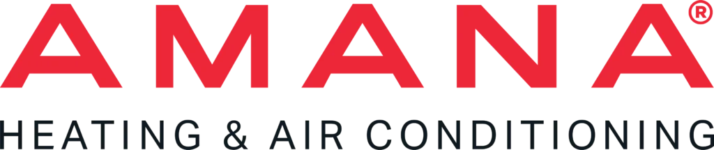 Amana logo in red with “HEATING & AIR CONDITIONING” written below in black on a white background.