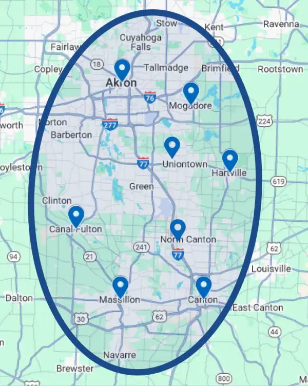 A map of the Akron, Ohio area with an oval highlighting the region and blue location markers on several nearby cities, including North Canton, Massillon, and Canton.