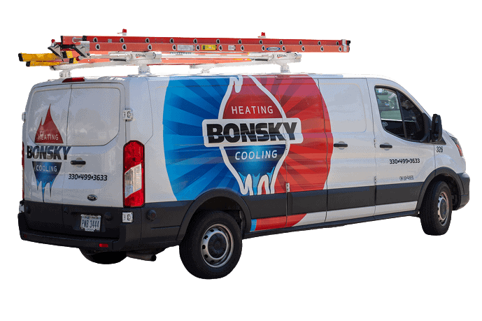 White van with ladder on top and “BONSKY Heating Cooling” branding on the side. The logo is red and blue, and contact information is displayed toward the back.