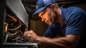 Bonsky HVAC technician performing routine maintenance on a furnace